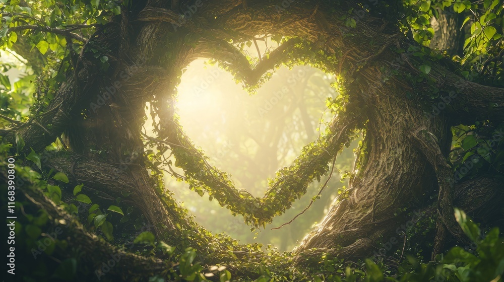 Fototapeta premium Enchanted Forest Romance - Heart Carved into Tree Bark with Vines, Sunlight Glow, Valentine Artwork Concept