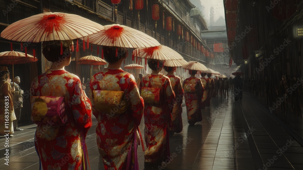 Obraz premium Traditional Kimono Procession with Red Parasols