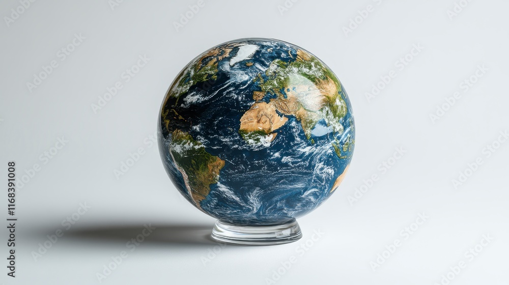 Fototapeta premium Detailed Earth globe model on a glass stand against a white background.
