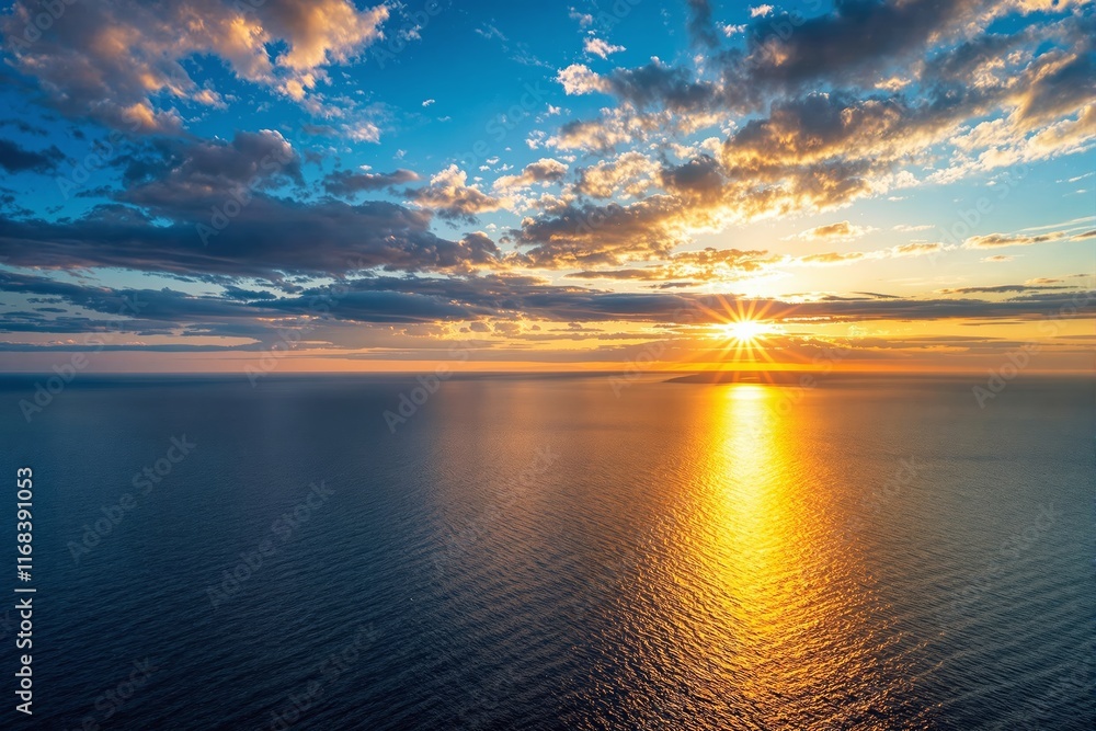 Fototapeta premium Stunning ocean sunset with vibrant colors and dramatic clouds over calm water.