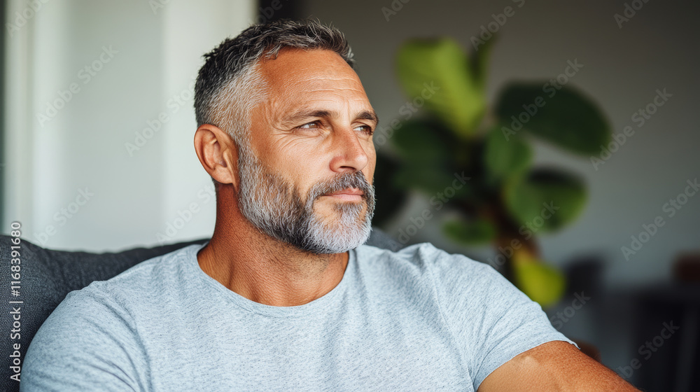 thoughtful man with beard gazes out window, reflecting on life. background features green plant, adding touch of nature to serene atmosphere thoughtful man with beard gazes out window, reflecting on life. background features green plant, adding touch of nature to serene atmosphere