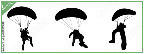 Skydiving, parachute, paragliding silhouette illustration set.