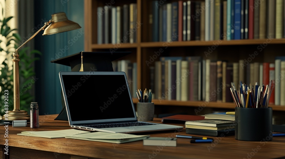 Laptop, books, and graduation cap on desk. Laptop, books, and graduation cap on desk.