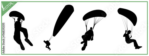 Skydiving set black silhouette. Paragliding. Parachute. Extreme sports.