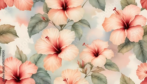 Wallpaper Mural Peach Hibiscus Flowers and Green Leaves Seamless Pattern Torontodigital.ca
