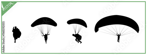 Skydiving set black silhouette. Paragliding. Parachute. Extreme sports.