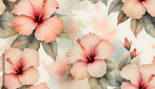 Wallpaper Mural Delicate Peach Hibiscus Blossoms Watercolor Floral Design Torontodigital.ca
