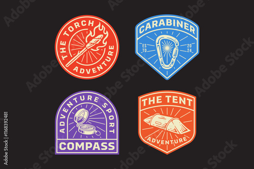 torch, tunnel camping tent, aiming compass, carabiner D shape, flambeau, navigation retro badge logo vector design collection set for adventure, explorer, mountaineer, hiker and climber