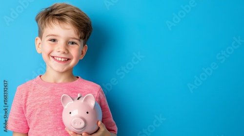 Child saving money with piggy bank home portrait bright blue background cheerful expression financial literacy