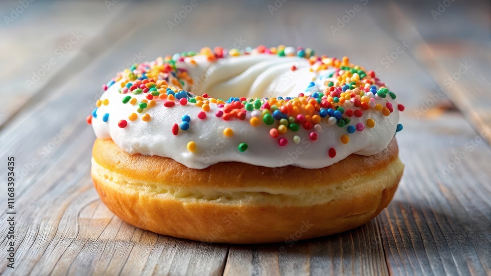 A colorful donut with a generous dollop of whipped cream and sprinkles on top, food decoration A colorful donut with a generous dollop of whipped cream and sprinkles on top, food decoration