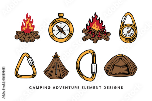 bonfire, camping tent, compass, carabiner, campfire, navigation colorful doodle illustration vector element design collection set for adventure, explorer, mountaineer, hiker and climber