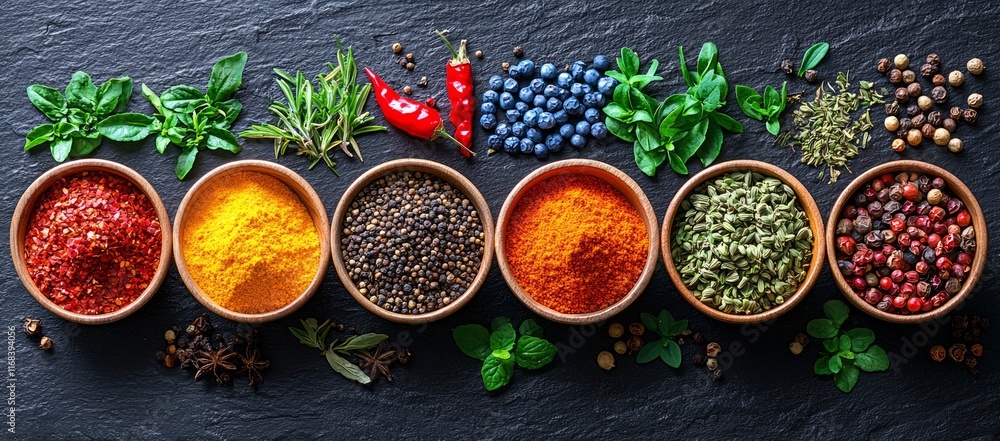 Colorful spices and herbs in bowls, arranged on a dark surface. Colorful spices and herbs in bowls, arranged on a dark surface.