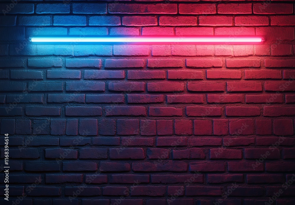Blue and red neon lights on a brick wall. Blue and red neon lights on a brick wall.