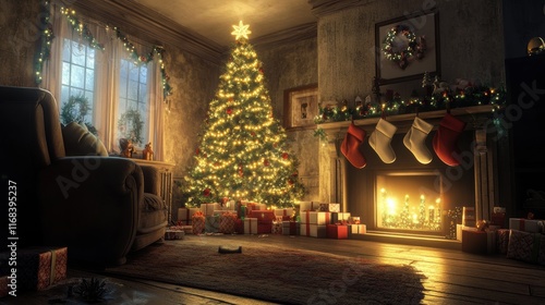 Wallpaper Mural A festive living room decorated for Christmas with stockings, a tree glowing with fairy lights, and gifts Torontodigital.ca