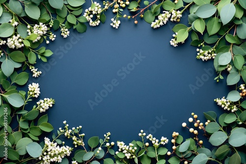 Wallpaper Mural Floral arrangement with green leaves and small white flowers on a dark blue background. Torontodigital.ca