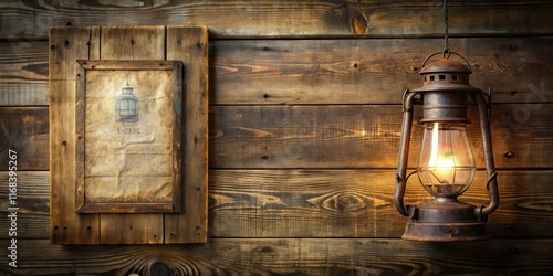 A faded and worn wooden wanted poster on a rustic wooden wall with a old lantern hanging from the ceiling in a dimly lit saloon , lantern, dimly lit photo