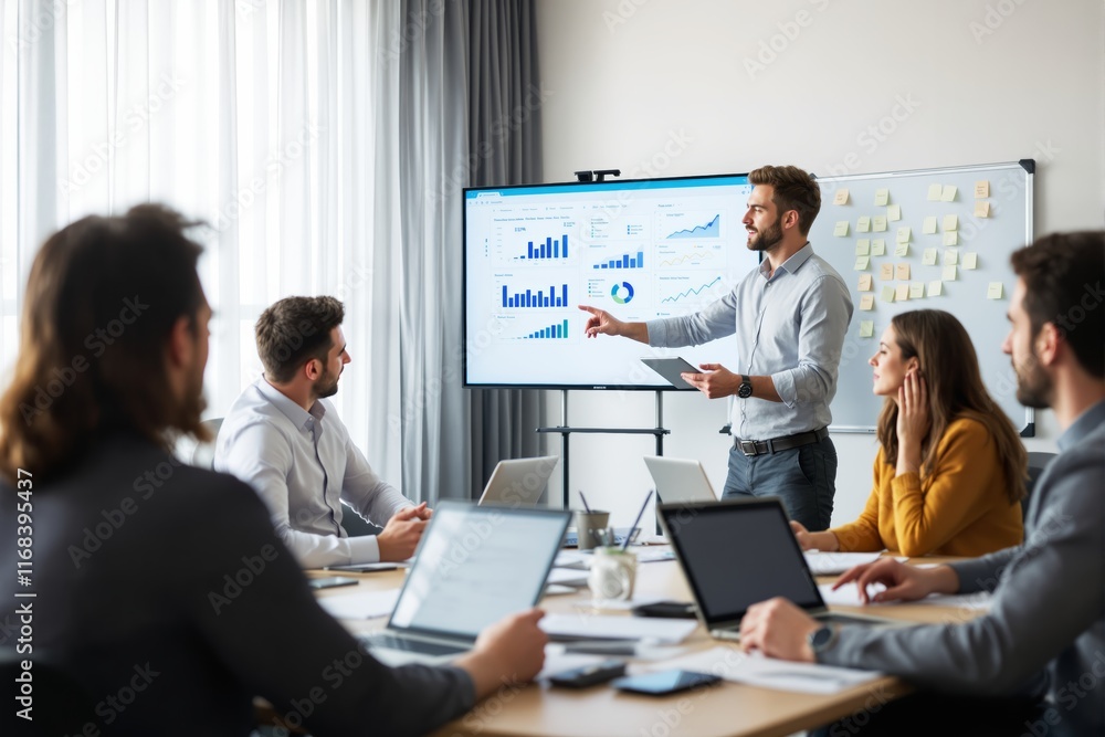 Business meeting with a creative team analyzing data on a large screen in a modern office setting. Business meeting with a creative team analyzing data on a large screen in a modern office setting.