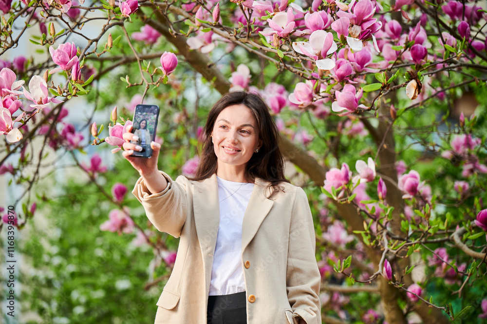 Cheerful woman taking selfie with smartphone among spring blossoms with soft focus on the background. Cheerful woman taking selfie with smartphone among spring blossoms with soft focus on the background.