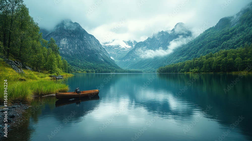 Serene Mountain Lake with a Boat at Dawn Serene Mountain Lake with a Boat at Dawn