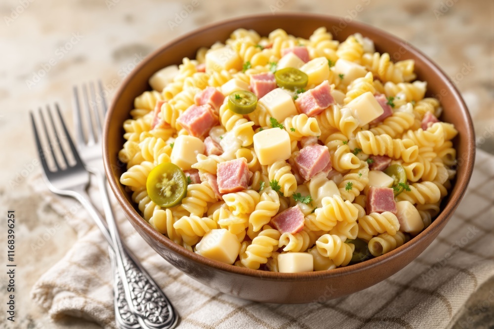 Pasta salad with ham, cheese cubes, jalapeños, and garnish in wooden bowl on a light table. Pasta salad with ham, cheese cubes, jalapeños, and garnish in wooden bowl on a light table.