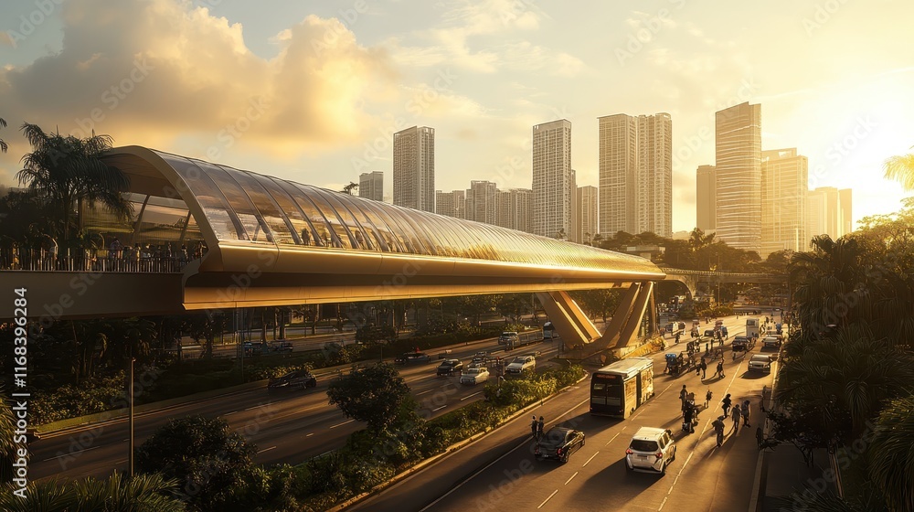 Fototapeta premium Modern Cityscape at Sunset with Elevated Walkway