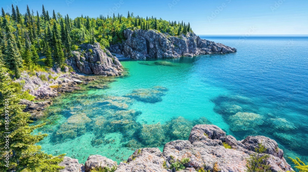 Scenic coastline with clear turquoise waters and lush greenery. Scenic coastline with clear turquoise waters and lush greenery.
