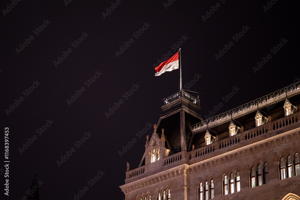 Obraz premium The Wiener Rathaus or Vienna City Hall is a neo-Gothic building in Vienna.The flag of Austria flies on the roof.