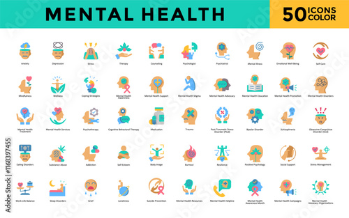 Mental Health icon set with anxiety, depression, stress, therapy, counseling, psychologist, psychiatrist, mental illness, emotional well-being icon. Simple flat color vector 
