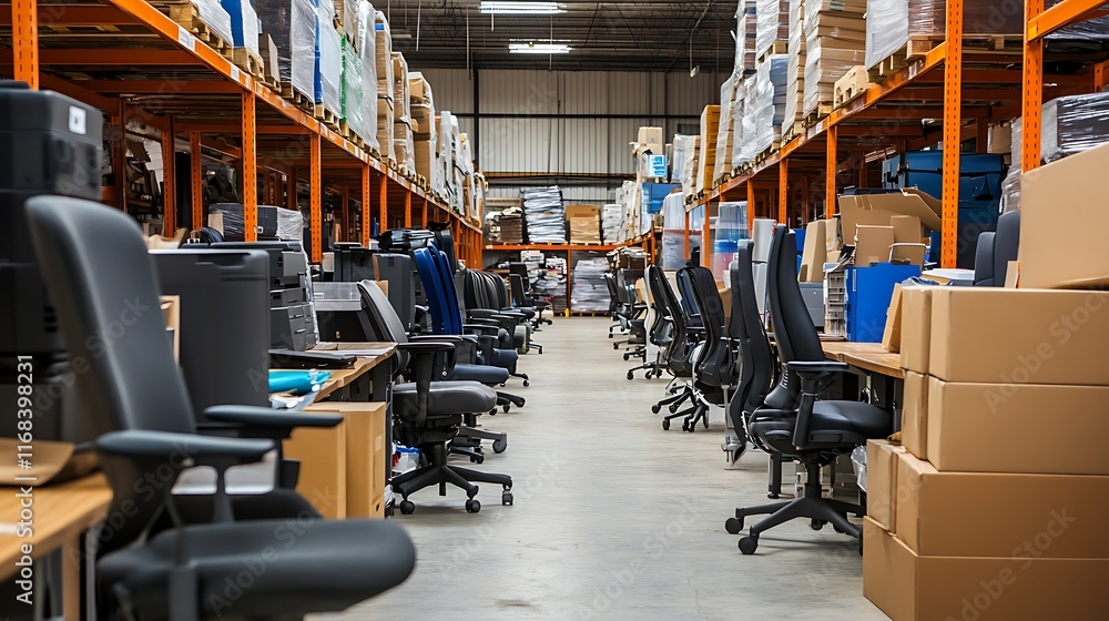 Naklejka premium Rows of office chairs and desks in a large warehouse.