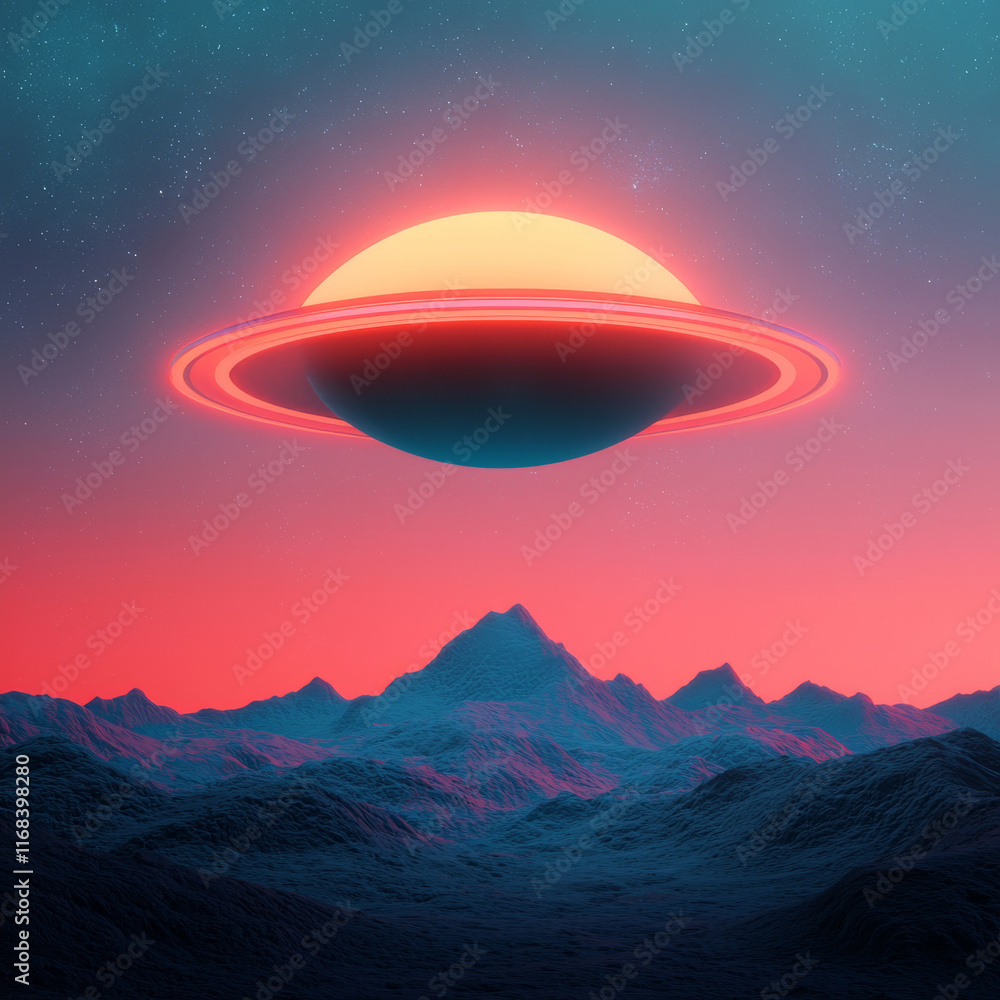 stunning digital landscape featuring glowing planet with rings above colorful mountains, creating surreal atmosphere stunning digital landscape featuring glowing planet with rings above colorful mountains, creating surreal atmosphere