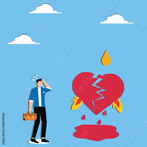 Emotional disputes, emotional crises or problems, a businessman drop of oil on a burning broken heart shape