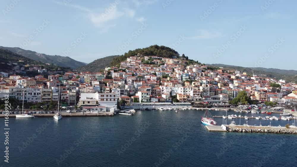 Beautiful Plomari town and port, Lesvos Island, Aegean sea, Panoramic drone view Beautiful Plomari town and port, Lesvos Island, Aegean sea, Panoramic drone view