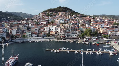 Aerial view of Plomari town port, Lesvos Island, Aegean sea photo