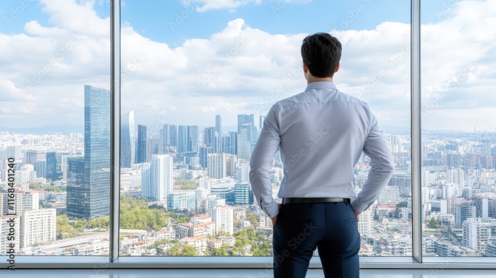 Cityscape Vision: A businessman stands before a panoramic city view, contemplating future opportunities and possibilities. His posture conveys confidence and ambition. Cityscape Vision: A businessman stands before a panoramic city view, contemplating future opportunities and possibilities. His posture conveys confidence and ambition.
