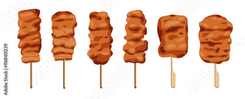 Moo Ping,Pork marinated beef, then roastedisolated on white background. Vector eps 10.