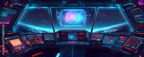 Futuristic spaceship cockpit, vibrant neon lights, interstellar view.