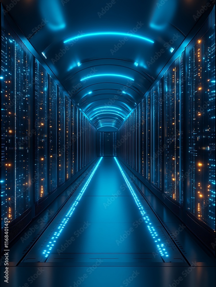Futuristic server room with blue neon lights. Futuristic server room with blue neon lights.
