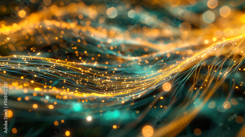 Abstract pulses of light weaving through a network of tangled wires.