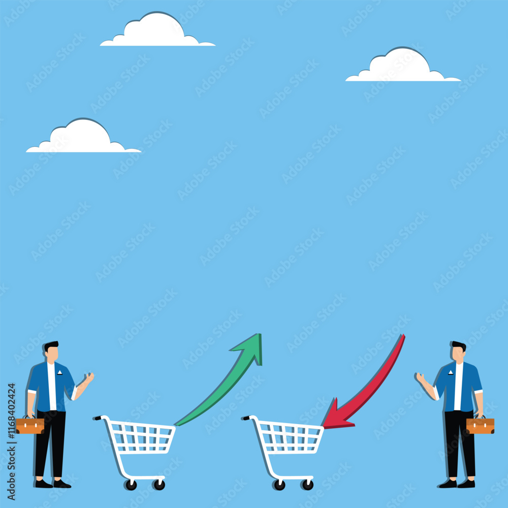Obraz premium Stock market trader, stock trading and analysis, investment loss and profit analysis, shopping cart loaded with two traders next to up arrow and down arrow