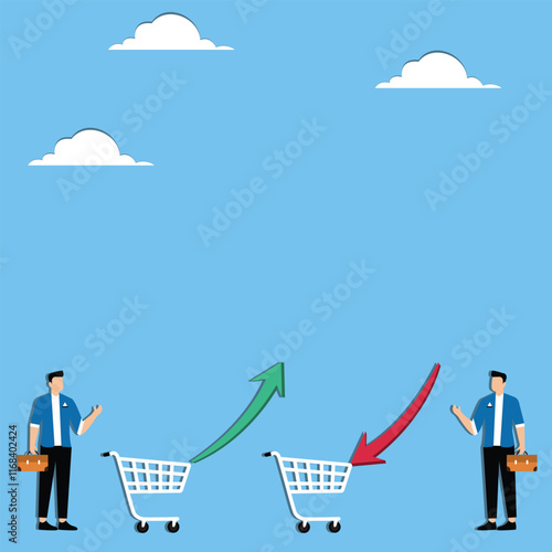 Stock market trader, stock trading and analysis, investment loss and profit analysis, shopping cart loaded with two traders next to up arrow and down arrow