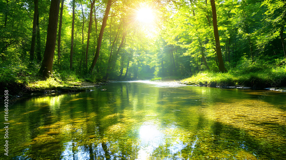 peaceful river meandering through dense forest with sunlight filtering through trees, creating serene atmosphere peaceful river meandering through dense forest with sunlight filtering through trees, creating serene atmosphere