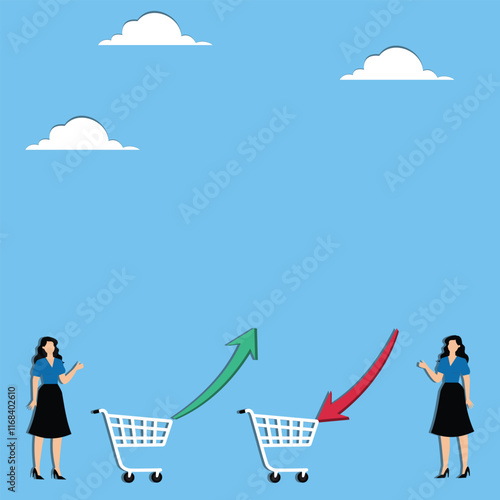 Stock market trader, stock trading and analysis, investment loss and profit analysis, shopping cart loaded with two traders next to up arrow and down arrow