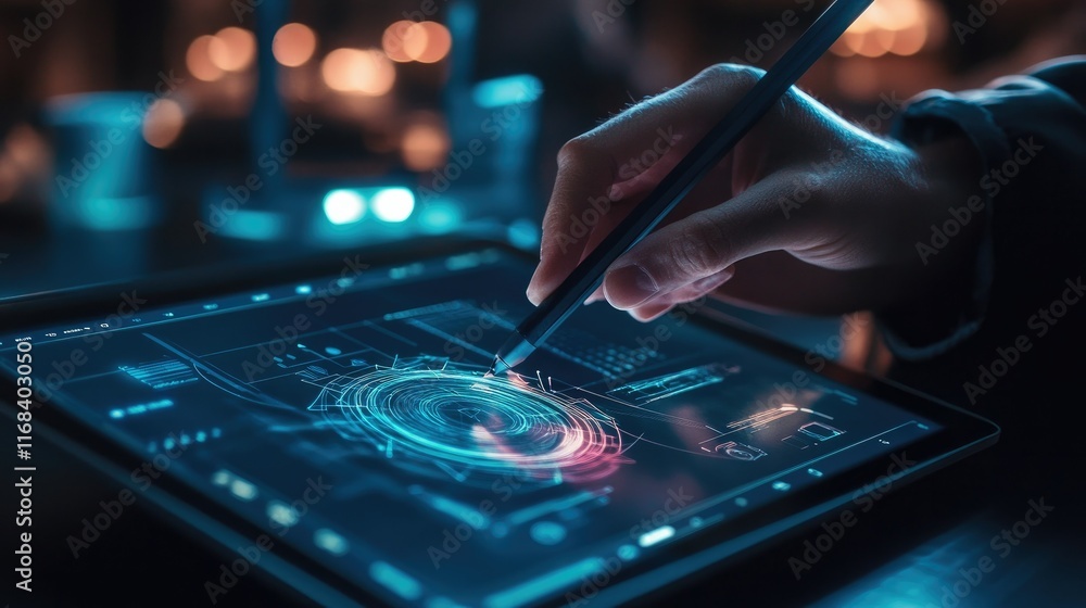 A creative professional uses a digital stylus to refine a 3D design on a glowing tablet screen. The environment is sleek and tech-forward A creative professional uses a digital stylus to refine a 3D design on a glowing tablet screen. The environment is sleek and tech-forward