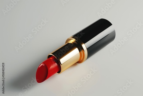 Red lipstick with opened cap in golden and black tube  cosmetics  levitation  on white background
