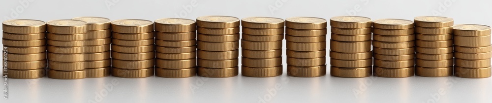 Stacks of golden coins arranged in a row on a white background. Stacks of golden coins arranged in a row on a white background.