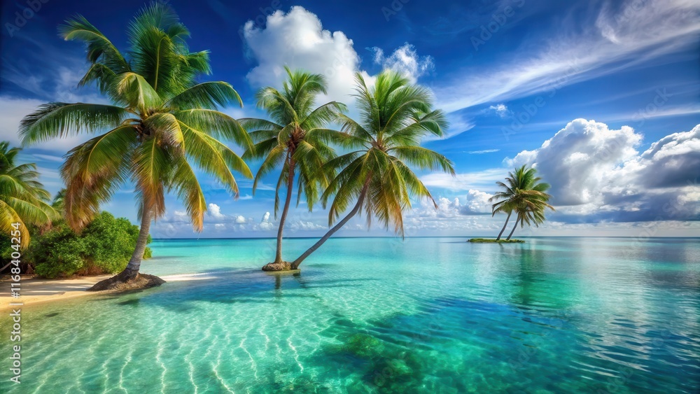 A serene ocean view with swaying palm trees and turquoise waters in Paradise Island, water, calm, water, calm A serene ocean view with swaying palm trees and turquoise waters in Paradise Island, water, calm, water, calm