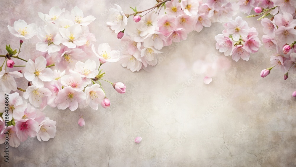 Delicate cherry blossoms in soft pink and white hues scattered across a textured paper background with subtle floral patterns , nature photography, floral patterns Delicate cherry blossoms in soft pink and white hues scattered across a textured paper background with subtle floral patterns , nature photography, floral patterns