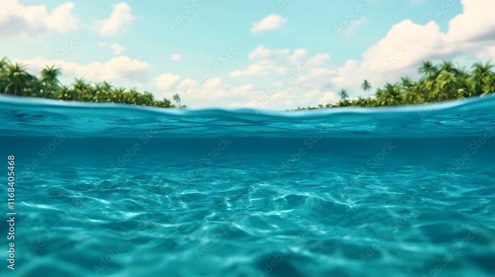 Tropical island paradise; split view of turquoise ocean and palm trees. Tropical island paradise; split view of turquoise ocean and palm trees.