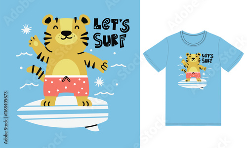 Photography Cute tiger surfing with tshirt design premium vector