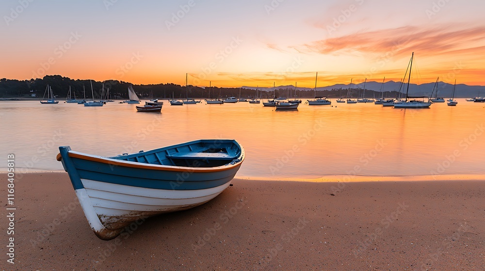 Sunrise over calm bay with small boat on sandy beach and sailboats in background. Sunrise over calm bay with small boat on sandy beach and sailboats in background.
